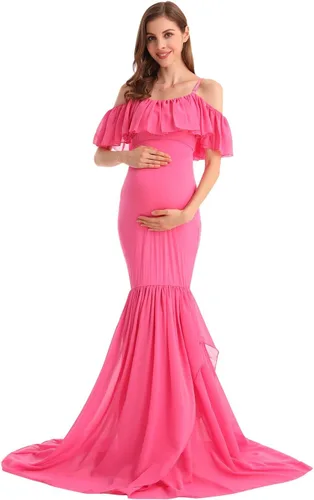 Vista 7 de MYRISAM Vestido de maternidad con volantes y hombros descubiertos para mujer, vestido de fiesta de sirena de gasa, vestido ajustado