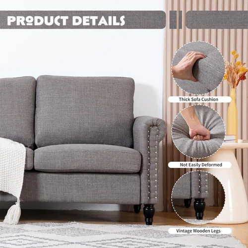 Vista 7 de J.C.UP Sofá biplaza de 57 pulgadas, sofás pequeños para sala de estar con tela de lino, cómodo sofá tapizado para dormitorio con patas de madera Gris