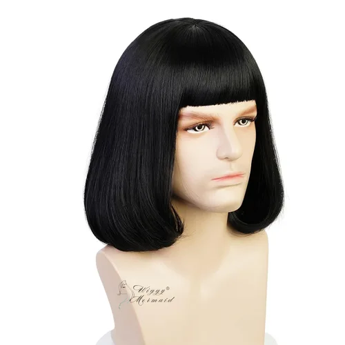 Vista 4 de Peluca unisex negra con flequillo plano, peluca de cabello negro corto y Negro Bob-Short