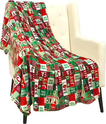Vista 8 de Manta de Forro Polar para las Fiestas Navideñas: Corona Tradicional de Decoración del Hogar con Saludos Cheers Merry Peace Joy sobre Fondo Beige