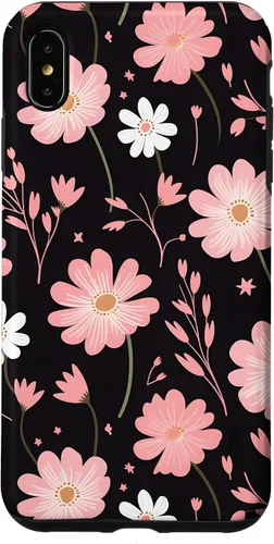 Vista 7 de iPhone 14 elegante flores rosas sobre un fondo negro patrón floral caso