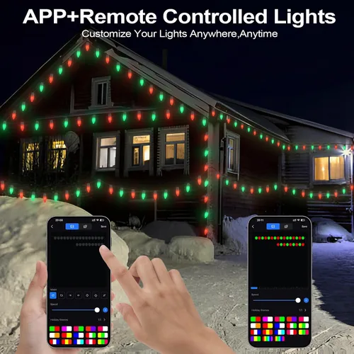 Vista 2 de Luces de Navidad para exteriores C9 de 66 pies, 100 LED, control remoto con aplicación inteligente, luces RGB enchufables, luces de Navidad