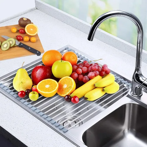 Vista 6 de Searik - Escurridor para secar platos enrollable, para colocar sobre el fregadero, estante de secado de platos plegable multiusos, estante de cocina