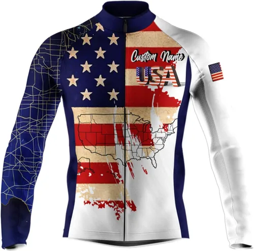 Vista 2 de Camiseta de ciclismo para hombres y mujeres de Estados Unidos UPF50+ con bandera estadounidense con bolsillos y cremallera completa reflectante BMX
