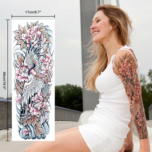 Vista 2 de Tatuaje temporal de brazo completo de Halloween para hombres y mujeres, 12 hojas de tatuajes temporales de manga de esqueleto de calavera, tatuajes