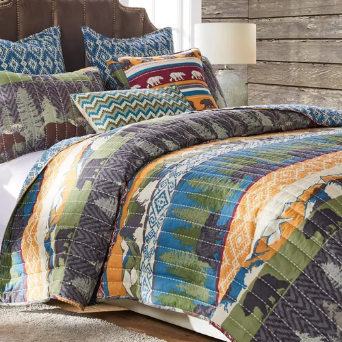 Vista 6 de Greenland Home juego de edredón con diseño de pinos y osos, negro, Algodón, Multicolor, gemelo