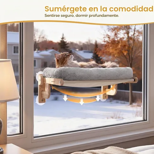 Vista 5 de Pecute Hamaca plegable para ventana de gato, cama para gatos con cojín Gris