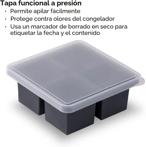 Vista 4 de W&P Cup Cubes - Bandeja de silicona para congelador con tapa, azul, hace 4 porciones perfectas de 1 taza, congela y almacena sopa, caldo, salsa