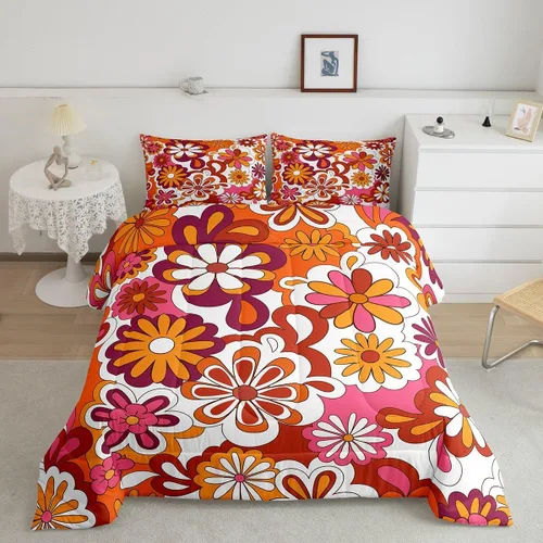 Vista 28 de Lindo juego de edredón de flores para niños y mujeres. Juego de ropa de cama de flores coloridas de dibujos animados, tamaño individual, bonito