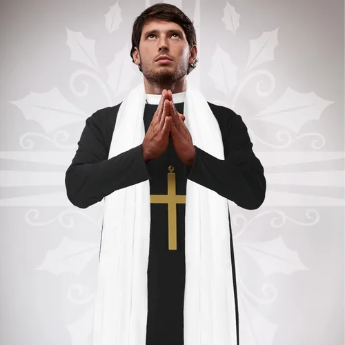 Vista 7 de Jiuguva Disfraz de sacerdote de 3 piezas para hombres adultos, disfraz de sacerdote de Halloween con bata de padre, estola blanca, cruz de monje