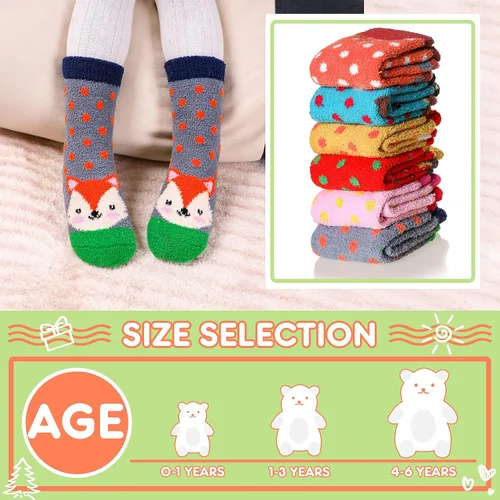 Vista 6 de 6 pares de calcetines antideslizantes para bebés y niñas, calcetines cálidos con agarres para niños pequeños, de lana gruesa y suave, para invierno