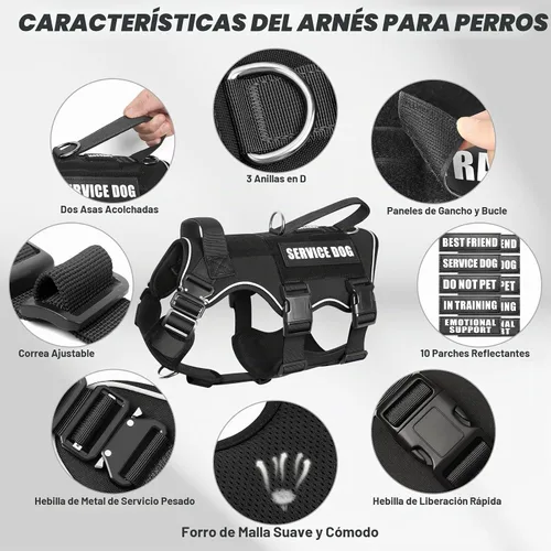 Vista 9 de Juego de chaleco y correa táctico para perro de servicio, arnés resistente con hebillas de metal para perros de tamaño mediano, chaleco ajustable