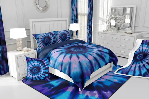 Vista 4 de Juegos de Funda de Edredón Hippie Tie Dye Tamaño Twin Azul Morado Tie Dye Espiral Funda de Edredón, Funda de Colcha Boho Bohemia Hippie Gitana