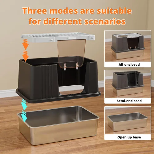 Vista 8 de Oneluck XXL - Caja de arena para gatos de acero inoxidable con tapa Negro