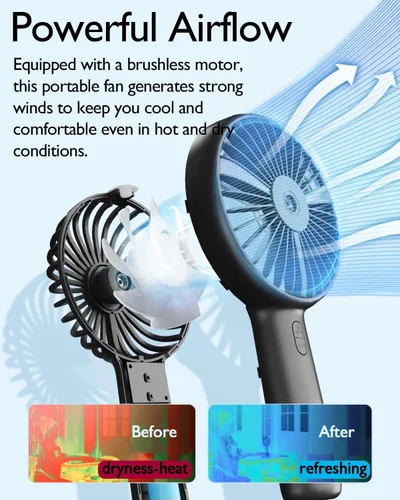 Vista 7 de Ventilador de niebla portátil de mano, ventilador Mister recargable de 2000 mAh, funciona con pilas, rocío de agua, refrigeración personal, 3 Negro