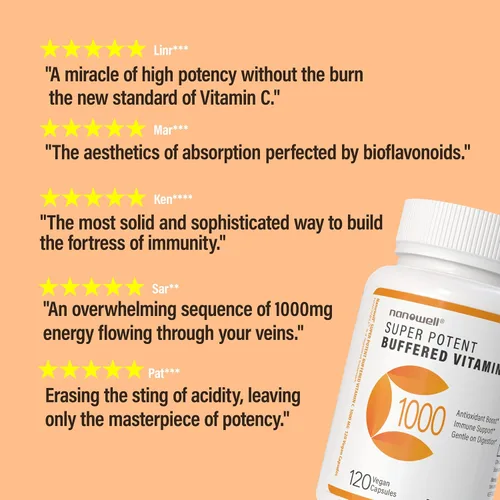 Vista 6 de NANOWELL Vitamina C tamponada súper potente de 1000 mg con complejo bioflavonoide, antioxidante y apoyo inmunológico, piel y articulaciones