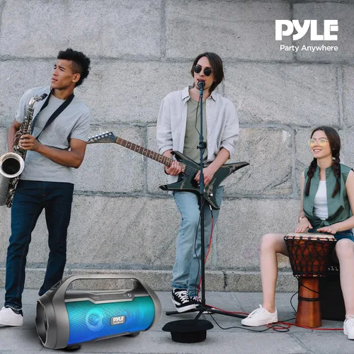 Vista 2 de Pyle Altavoz portátil Bluetooth Boombox – 40 W de potencia máxima, 2.0 canales recargable estilo barril altavoz con TWS, luces LED – entrada AUX