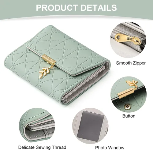 Vista 6 de RNIEGA Cartera pequeña de cuero para mujer, con bloqueo RFID, tarjetero compacto con cremallera y bolsillo para monedas con ventana de identificación
