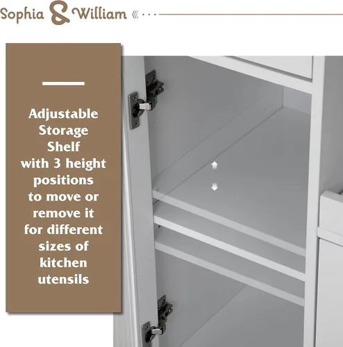 Vista 4 de Sophia & William Carrito de isla de cocina con ruedas con bandeja extensible, estante ajustable y puerta de cristal, isla de almacenamiento móvil