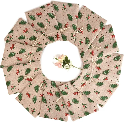 Vista 6 de XCFWin Paquete de 12 bolsas de regalo de Navidad con cordón, diseños reutilizables para suministros de fiesta de Navidad