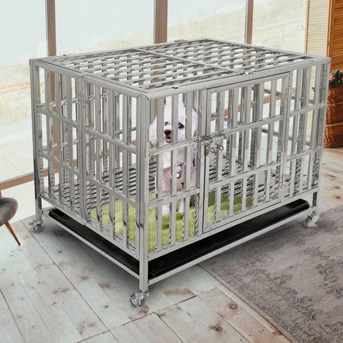 Vista 4 de Jaula para perros grandes, resistente e indestructible y a prueba de escapes, de 38 pulgadas, con bandejas de alambre y ruedas extraíbles, extra