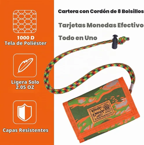 Vista 5 de Rough Enough - Cartera para niños y adolescentes, con correa y cordón, llavero camuflado, Camuflaje anaranjado, Cartera Trfiold de camuflaje