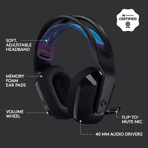 Vista 6 de Logitech G 535 Lightspeed - Auriculares inalámbricos para juegos, ligeros en la oreja, micrófono abatible para silenciar, estéreo, compatible