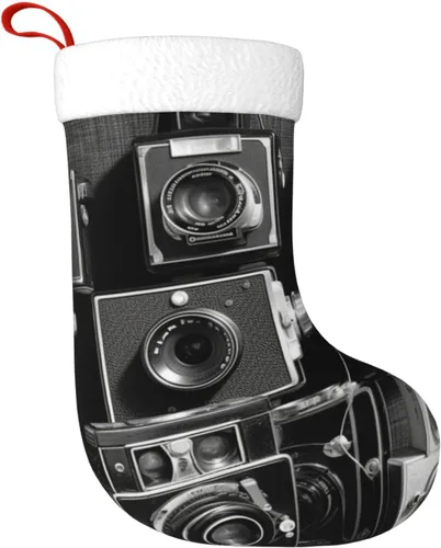 Vista 2 de Retro Cool Camera Collection - Calcetines de Navidad colgantes para decoración navideña, calcetines de Navidad de terciopelo de 18 pulgadas con puño