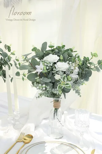 Vista 2 de Floroom 3 tipos de tallos artificiales de eucalipto de dólar plateado, 19 piezas de plantas falsas de relleno para bricolaje, ramos de boda, centros
