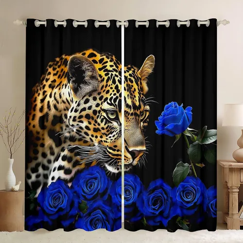Vista 30 de Erosebridal Cortinas de Rosas Rojas 3D Tratamientos para Ventanas de Guepardo, Paneles de Cortinas con Estampado de Gato Leopardo para Sala