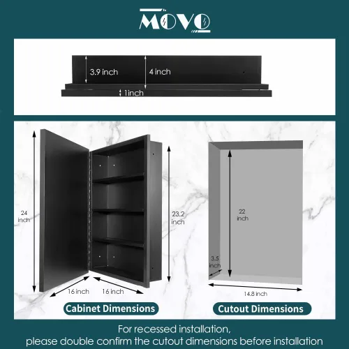 Vista 2 de Movo Botiquín de medicina con espejo, 16 x 24 pulgadas, marco de metal negro, empotrado, gabinete de medicina empotrado para baño, montado