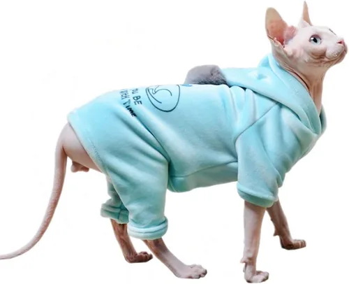 Vista 9 de Ropa para gatos sin pelo, camisa con capucha de algodón, transpirable, otoño e invierno, ropa cálida para gato, suéter chaleco para Sphynx, Cornish