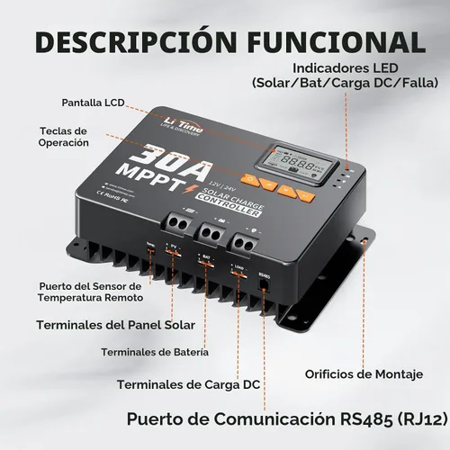 Vista 6 de LiTime 30 Amp MPPT 12V/24V/Auto CC de entrada controlador de carga solar, módulo Bluetooth incorporado, pantalla LCD con parámetros ajustables