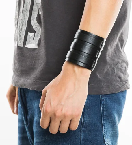 Vista 2 de HZMAN Brazalete ancho de cuero para hombre con triple correa de guantelete con hebilla de sujeción