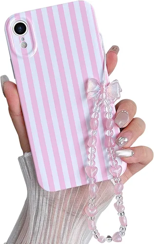 Vista 14 de Bonita funda a rayas para iPhone 6 Plus iPhone 6s Plus con cadena de cuentas, estética suave y delgada, funda protectora de poliuretano