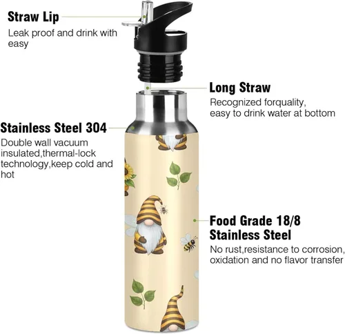Vista 3 de Insulated Stainless Steel Water Bottle with Straw 20 Oz, Leakproof Water Bottles for Gym Outdoor Travel School, Gnomes Bees