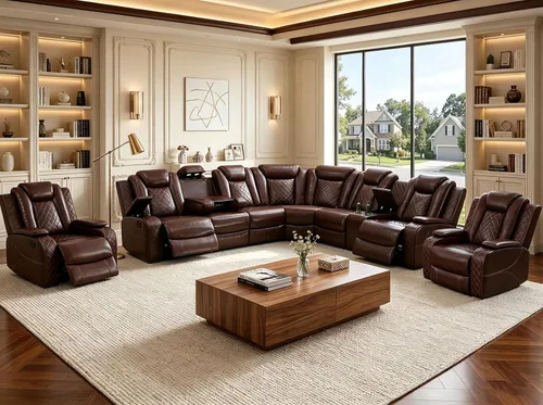 Vista 31 de Juego de sofá seccional reclinable de cuero, sofá seccional con 4 sillones reclinables Juegos de muebles de sala con 3 reclinables, luz LED