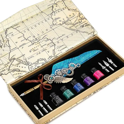 Vista 11 de NC Juego de tinta de plumas, incluye 5 botellas de tinta y 6 puntas reemplazables, bolígrafo mecánico para escribir, letras, diario, firma, Azul