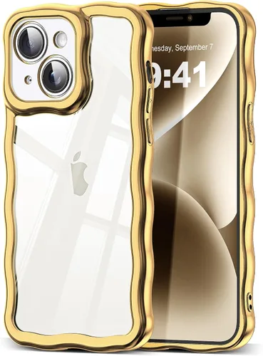 Vista 77 de SKYLMW Funda compatible con iPhone 12 Pro, diseño de ondas rizadas kawaii, borde chapado de lujo, elegante parte trasera transparente brillante, TPU