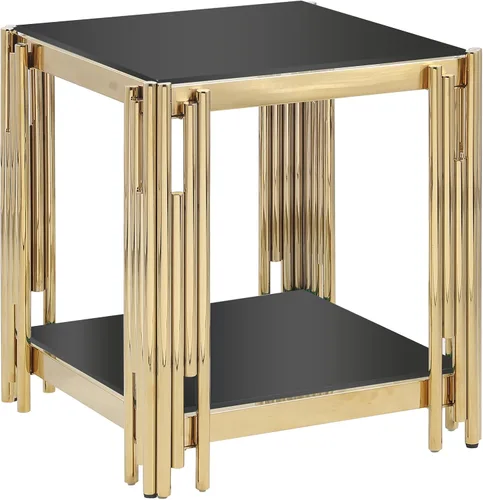 Vista 11 de Mesa de centro moderna de cristal, mesa de centro de sofá de 48 pulgadas con marco de acero inoxidable dorado y parte superior de vidrio negro, mesa