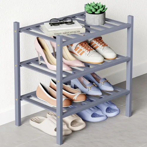 Vista 23 de Smiry Zapatero de bambú para armario, organizador de zapatos de madera de 3 niveles, estante apilable de almacenamiento de zapatos de madera