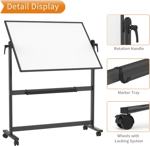 Vista 4 de VIZ-PRO Pizarra magnética portátil de doble cara, marco y soporte de aluminio negro de 48 x 36 pulgadas Tablero blanco con ruedas de 4 x 3 pies