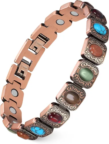 Vista 15 de Feraco Pulseras de Cobre Puro para Mujeres, Pulsera Magnética de Ultra Fuerza con Imanes de 3800 Gauss y Turquesa Natural y Piedras, Ajustable