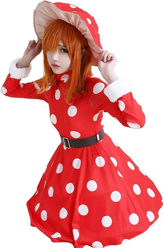 Vista 6 de miccostumes Disfraz de héroe de anime para mujer, disfraz de cosplay de cuello alto de hongo rojo con sombrero