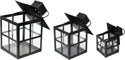 Vista 3 de Juego de 3 faroles decorativos cuadrados para velas, estilo carruaje (negro)