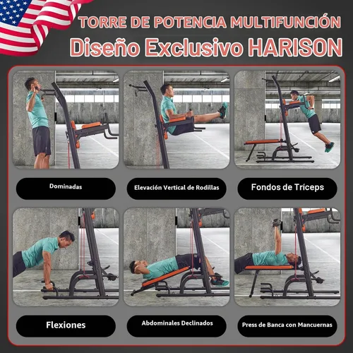 Vista 5 de HARISON Torre de potencia multifunción con banco, barra de dominadas resistente, estación de inmersión para gimnasio en casa, entrenamiento