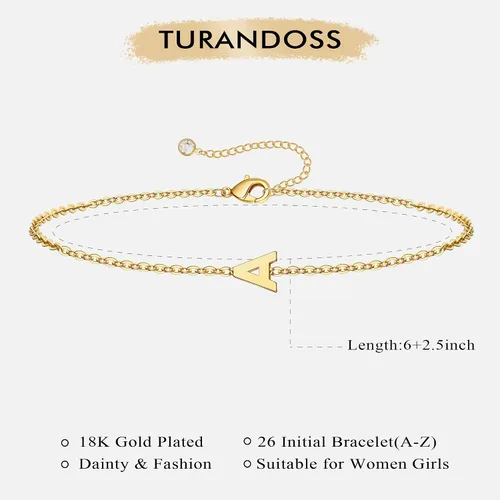 Vista 6 de Turandoss - Pulseras de oro con iniciales para mujeres y niñas - Joyería ideal para regalo - Pulsera chapada en plata u oro de 18 k con letras