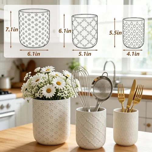 Vista 3 de Soporte para utensilios de cocina en relieve, recipiente de cerámica blanca para encimera, organizador grande de utensilios para espátula, cuchara