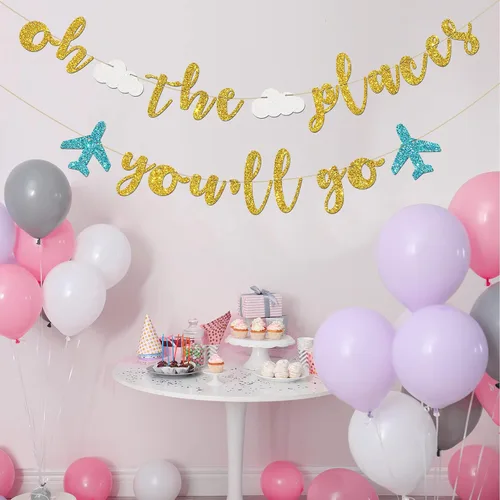 Vista 7 de INNORU Cartel de Oh The Places You Go - Decoración de banderines para fiesta de despedida temática de viaje, Bon Voyage, cumpleaños, aniversario