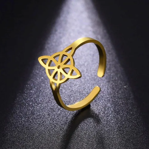 Vista 11 de UNIFT Anillo de nudo de bruja para mujer, de acero inoxidable, estilo geométrico, elegante, elegante, irlandés, nudo celta, ajustable, anillo
